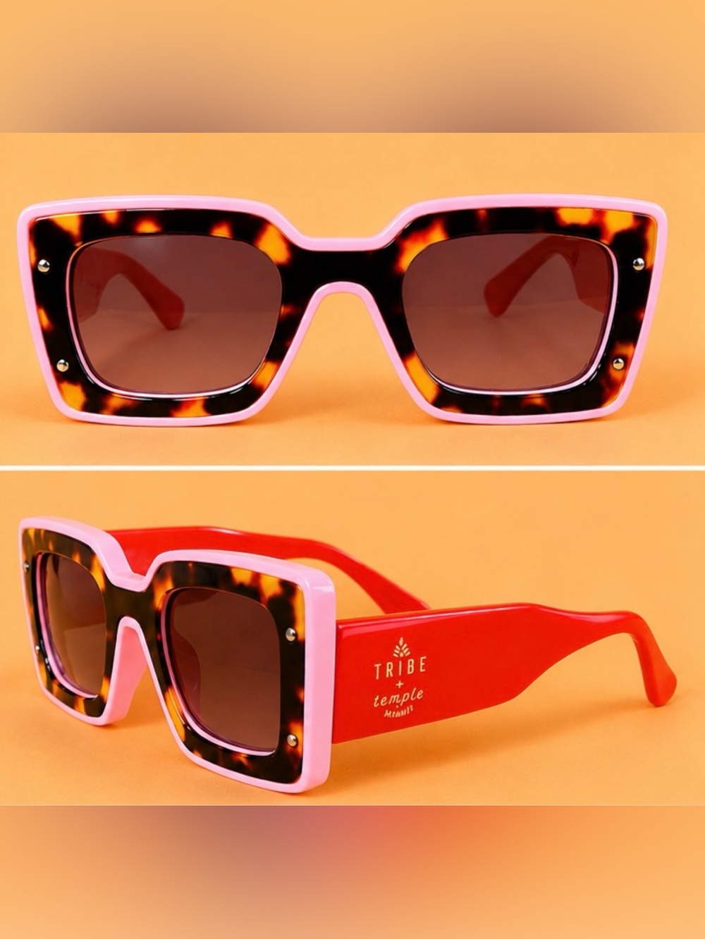 Deco Tortoise Square Sunglasses red with pink Trim